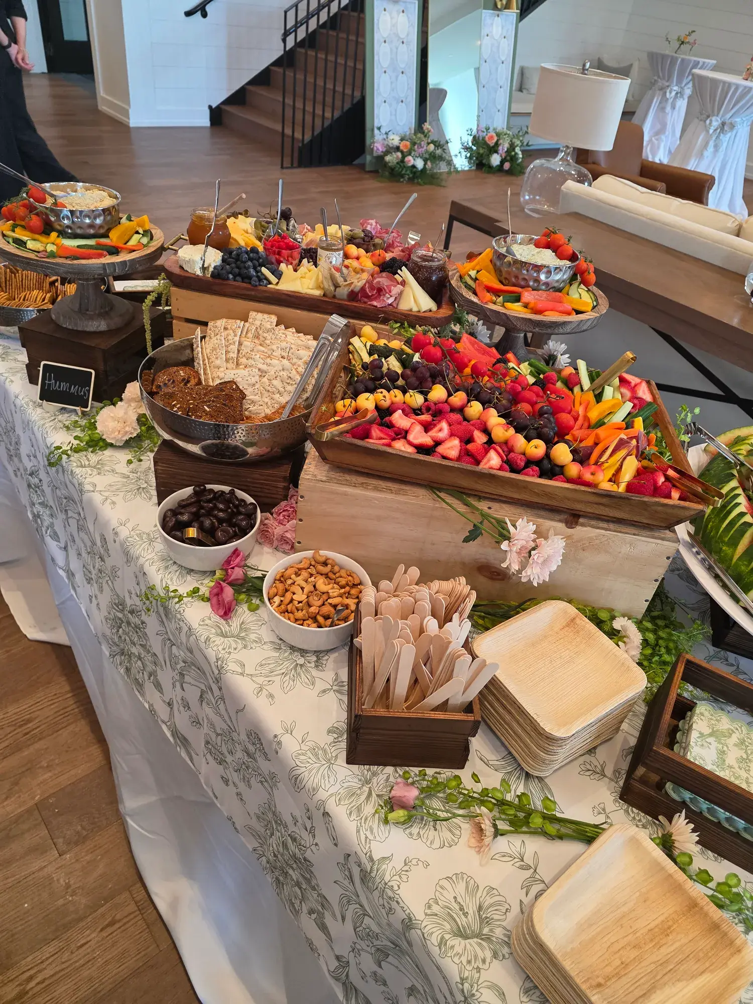 An abundant grazing table arranged for a Dragonfly social event